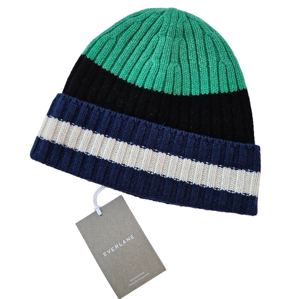 Everlane The‎ Cashmere Beanie Navy Green Multi Stripes Unisex